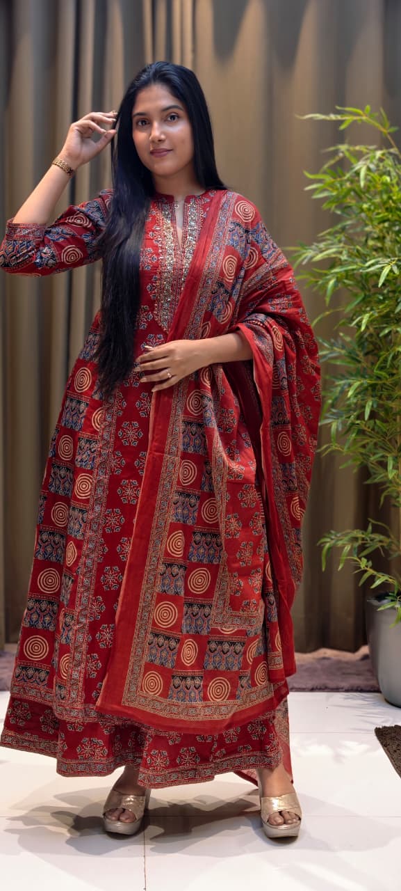 Rajasthani Boho Print Minimal Neck Line Anarkali Full Suit Set With Dupatta In Cotton Fabric- 13590