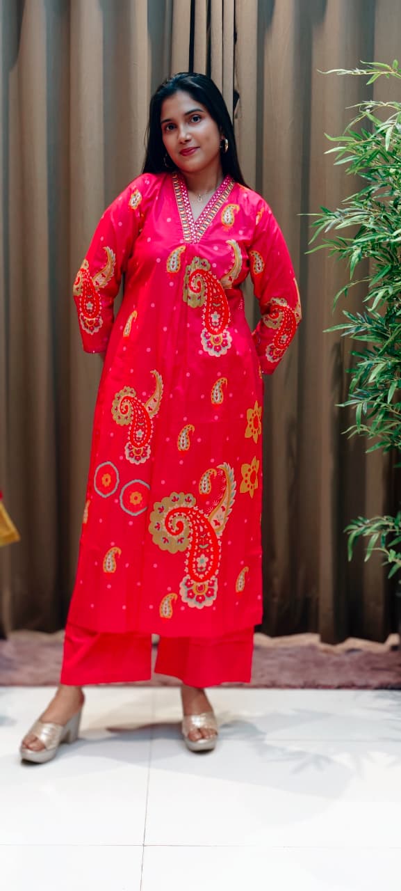 Printed Paisley Minimal Neck Embroidery A-Line Kurta Pant Set In Cotton Fabric- 13562