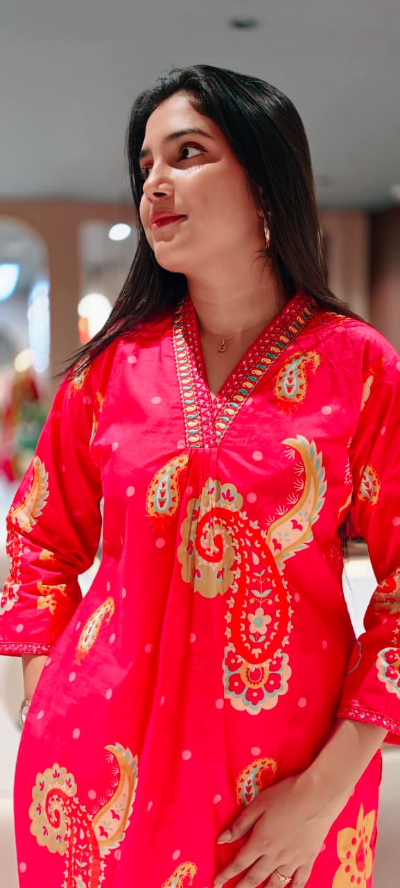 Printed Paisley Minimal Neck Embroidery A-Line Kurta Pant Set In Cotton Fabric- 13562