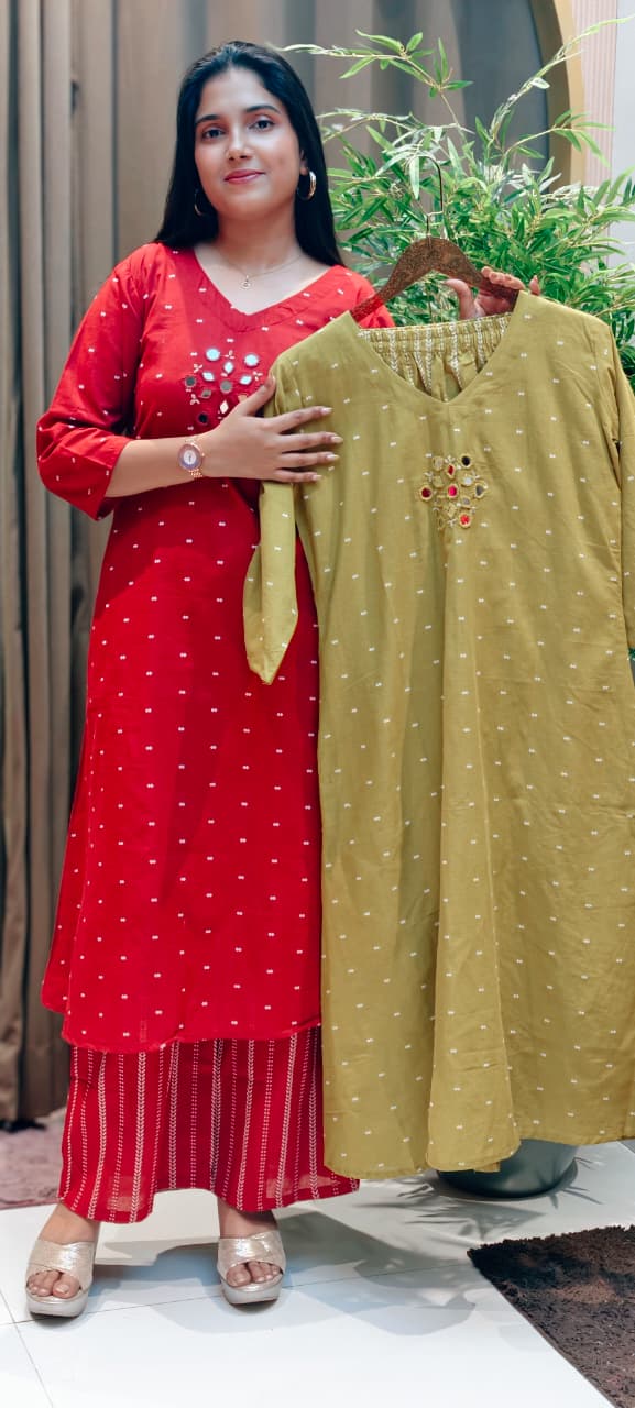 Real Mirror Thread Intricate Embroidery Upwork Matching Kurta Pant Set In Cotton Fabric