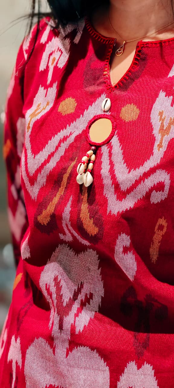 Ikkat Print Shell Kodi Tassel With Mirror Elegance Kurta Pant Set In Cotton Fabric- 13529