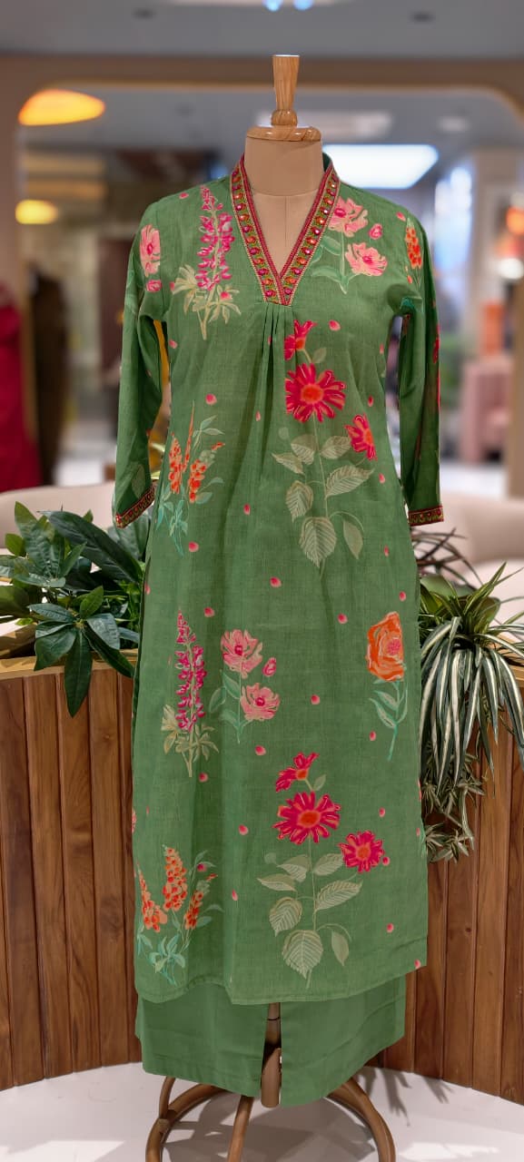 Meadow Garden Lush Botanical Print A-Line Kurta Pant Set In Cotton Fabric- 13644