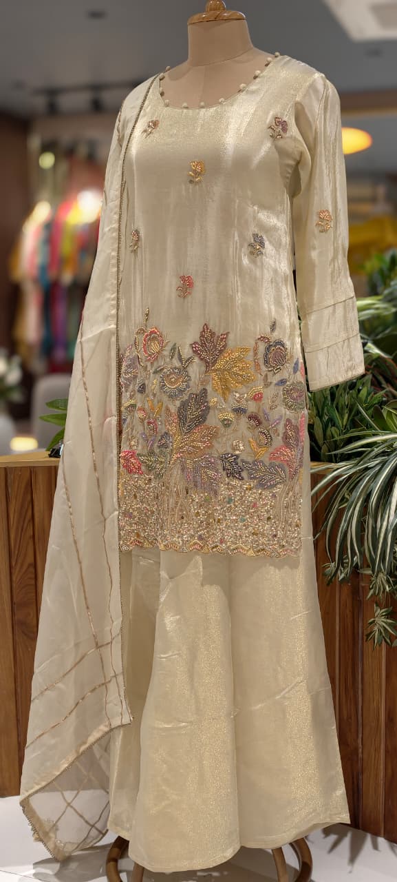 Ivory Embroidered Suttle Elegant Tissue Full Suit Set With Dupatta- 13546