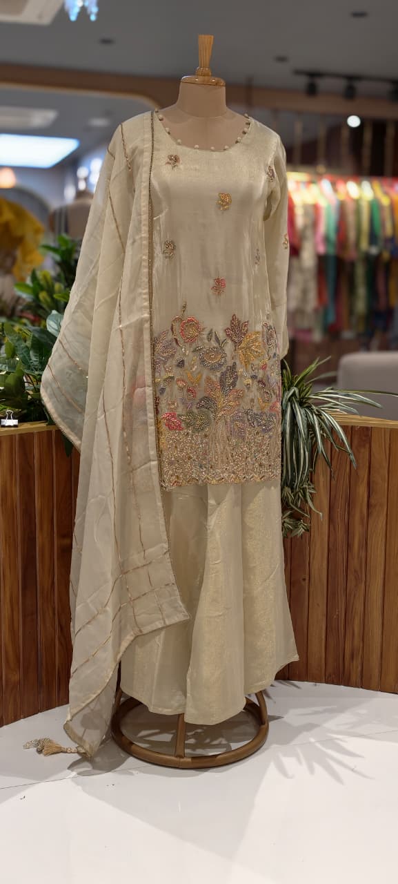 Ivory Embroidered Suttle Elegant Tissue Full Suit Set With Dupatta- 13546