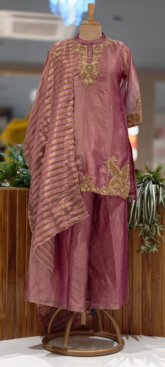Very Elegant Zarina Golden Intricate Embroidery Tissue Full Suit Set With Striped Dupatta- 13307
