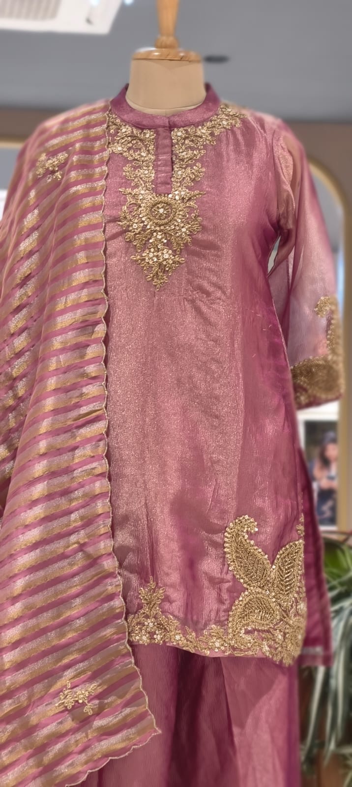 Very Elegant Zarina Golden Intricate Embroidery Tissue Full Suit Set With Striped Dupatta- 13307