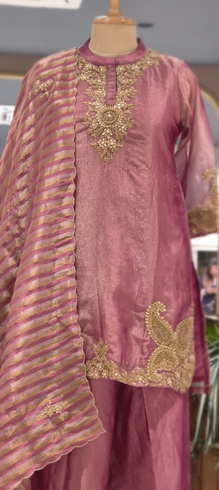 Very Elegant Zarina Golden Intricate Embroidery Tissue Full Suit Set With Striped Dupatta- 13307