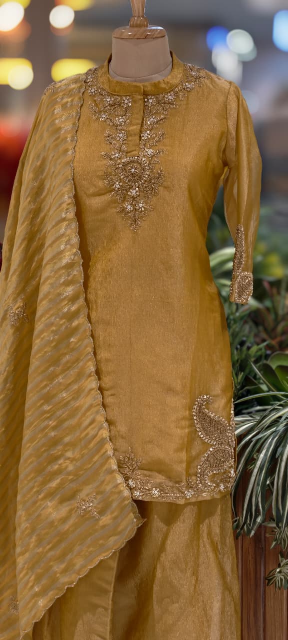 Very Elegant Zarina Golden Intricate Embroidery Tissue Full Suit Set With Striped Dupatta- 13307