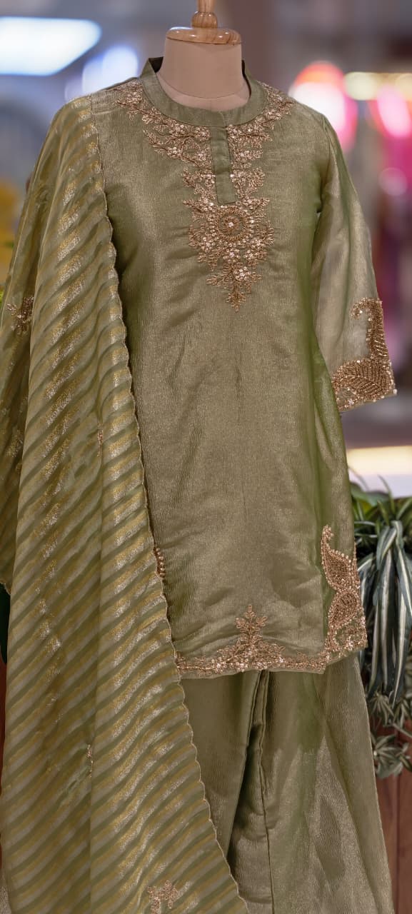 Very Elegant Zarina Golden Intricate Embroidery Tissue Full Suit Set With Striped Dupatta- 13307