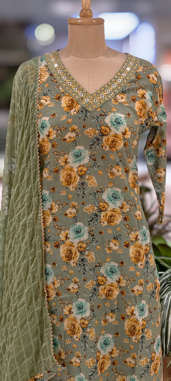 Ash Elegance Rosy Digital Print 3-Piece Full Suit Set With Dupatta In Cotton Fabric