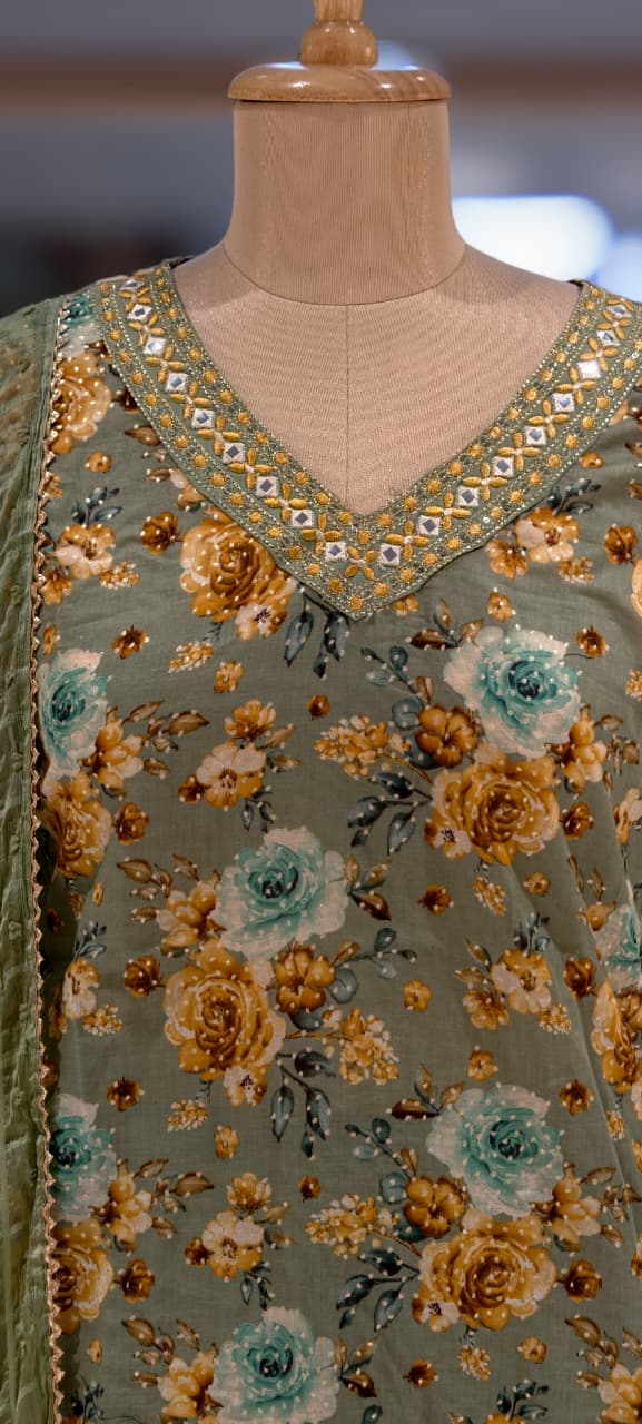 Ash Elegance Rosy Digital Print 3-Piece Full Suit Set With Dupatta In Cotton Fabric