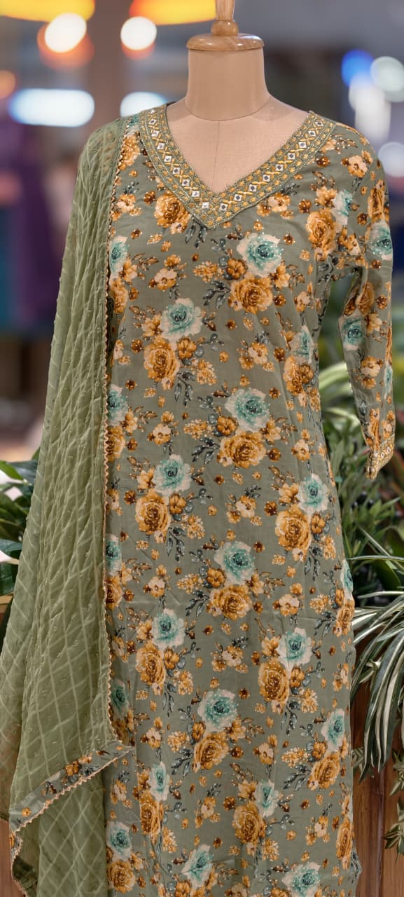 Ash Elegance Rosy Digital Print 3-Piece Full Suit Set With Dupatta In Cotton Fabric