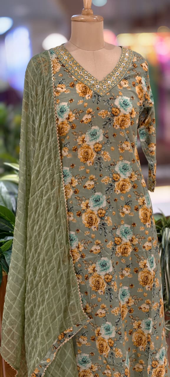 Ash Elegance Rosy Digital Print 3-Piece Full Suit Set With Dupatta In Cotton Fabric