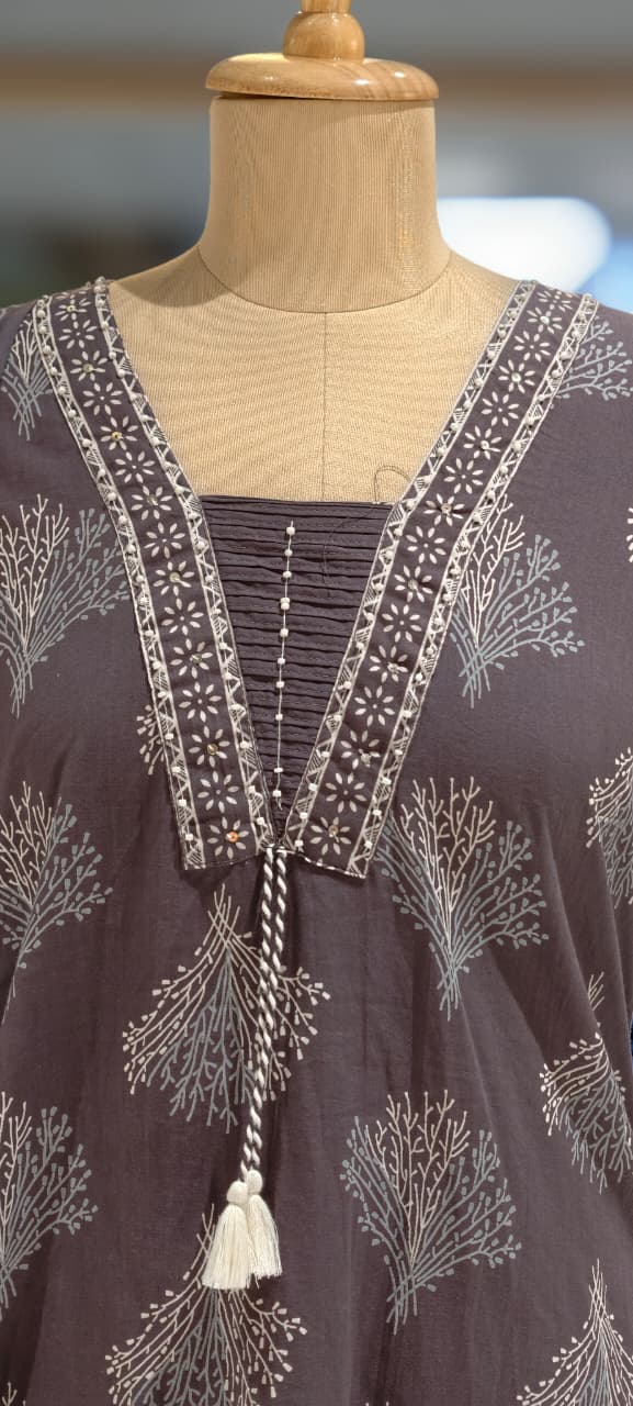 Cotton Elegant Hand block Print Kurta Set with Intricate Border Detailing & Tassel Tie-Up Neck Full Suit Set