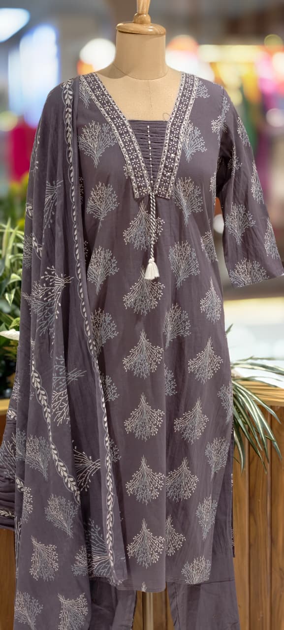 Cotton Elegant Hand block Print Kurta Set with Intricate Border Detailing & Tassel Tie-Up Neck Full Suit Set