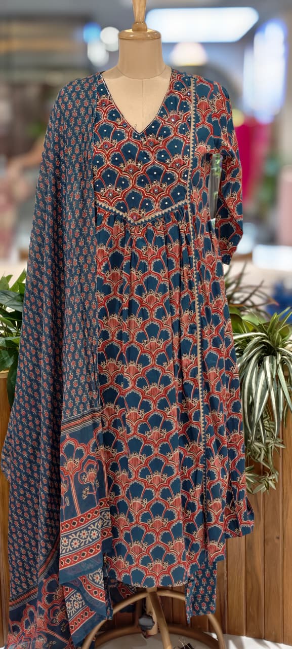 Classic Cotton Anarkali Navy Blue Printed Kurta with Contrast Border Detailing Full Suit 13680