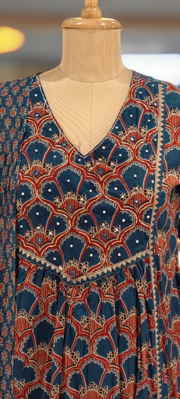 Classic Cotton Anarkali Navy Blue Printed Kurta with Contrast Border Detailing Full Suit 13680