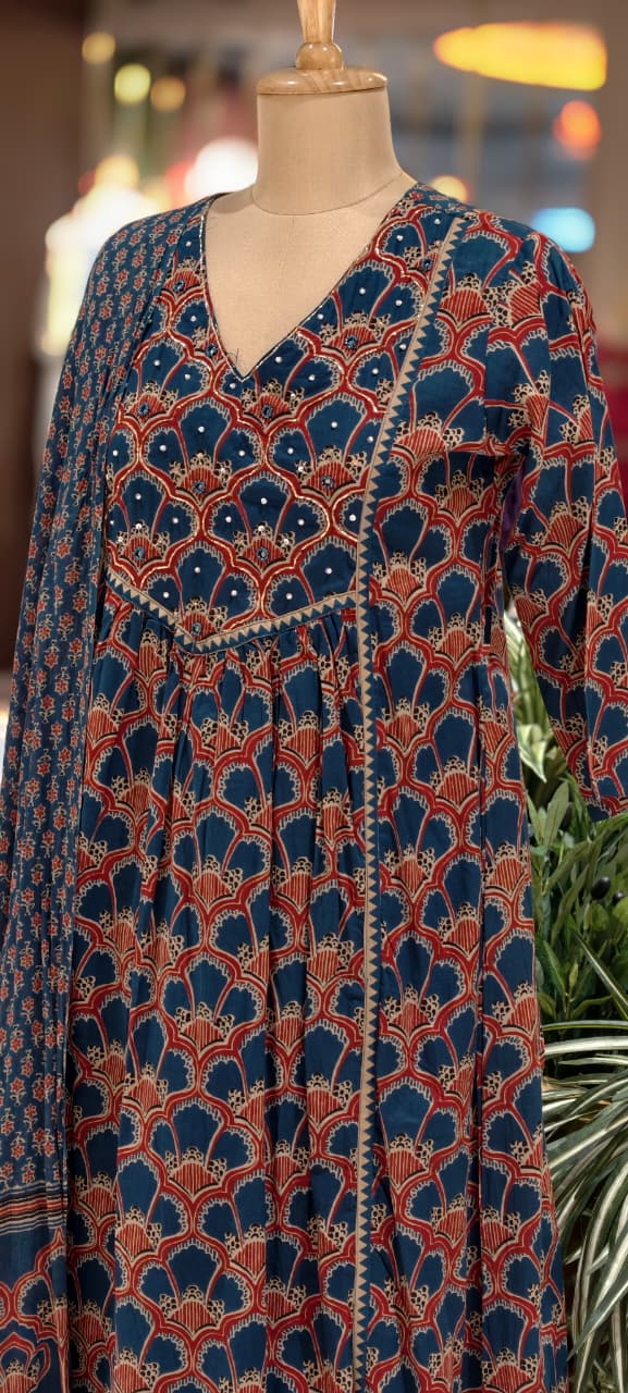 Classic Cotton Anarkali Navy Blue Printed Kurta with Contrast Border Detailing Full Suit 13680