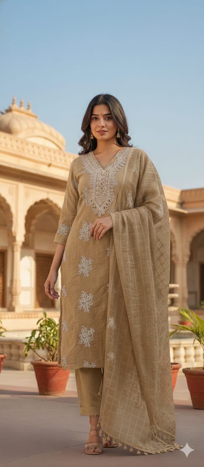Crochet Lace Detailed Thread-Work Ethnic Ensemble Premium Cotton Full Suit Set With Dupatta-13685 RB131