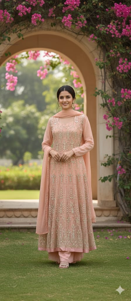 Zardosi Thread Work Sequin Embellishments Floral Motifs Lucknowi Style Premium Georgette Fabric- 13675