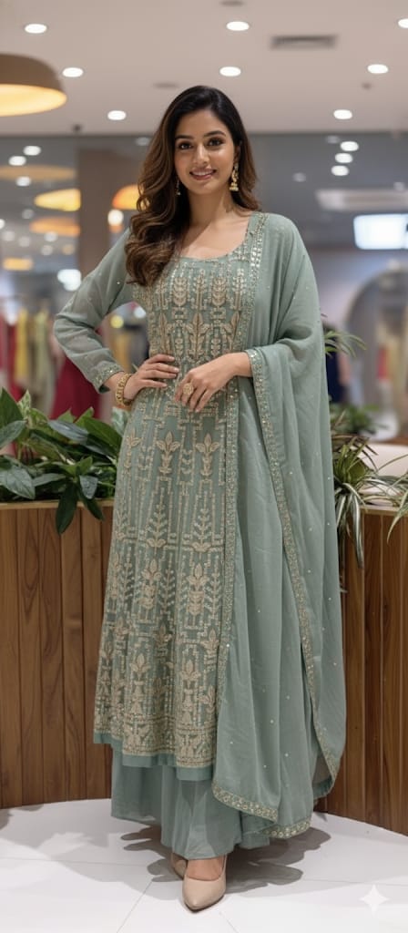 Zardosi Thread Work Sequin Embellishments Floral Motifs Lucknowi Style Premium Georgette Fabric- 13675