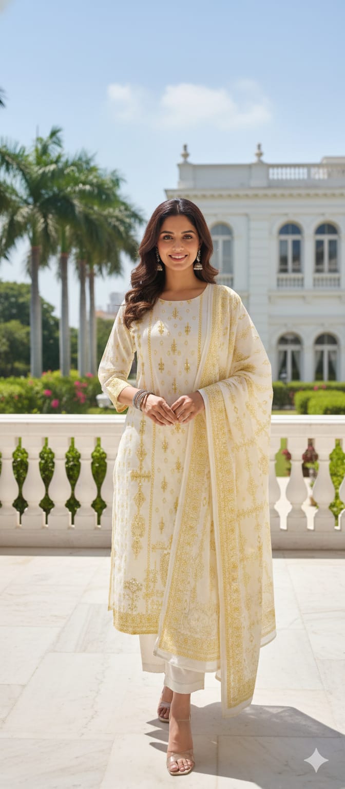 Cute Tiny Prints Decent Tone Minimal Embroidered Full Suit Set With Dupatta In Cotton Fabric 13680