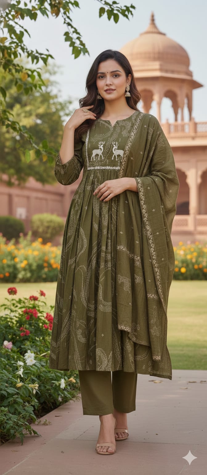 Tribal-Inspired Printed Decorative Front Panel, Soft Fabric Cotton Full Suit with Dupatta