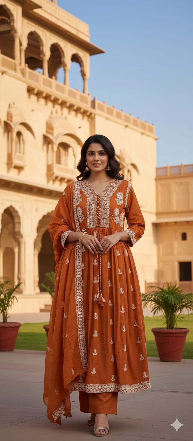 Premium Brown Embroidered Kurti Dress with Heavy Front Lace Work, Ethnic Motif Detailing Full Suit Set In Cotton Fabric- 13680