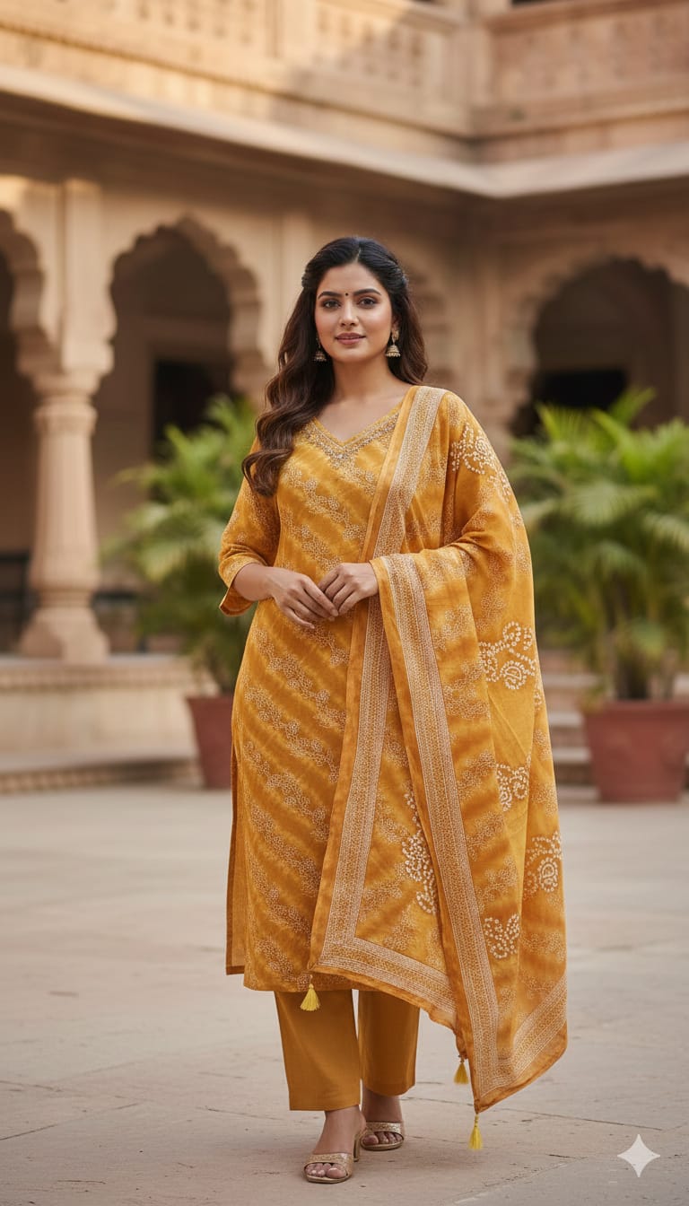 Rani Pink Bandhej Inspired Printed Kurti Set with Embellished V-Neck Detailing Full Set In Cotton Fabric