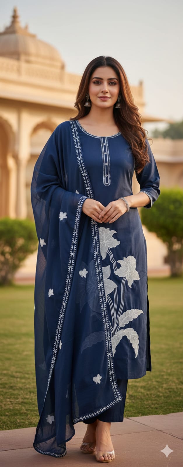 Elegant Solid Color 3-Piece Suit Set with Minimal Neck Detailing & Statement Floral Print Full Suit set