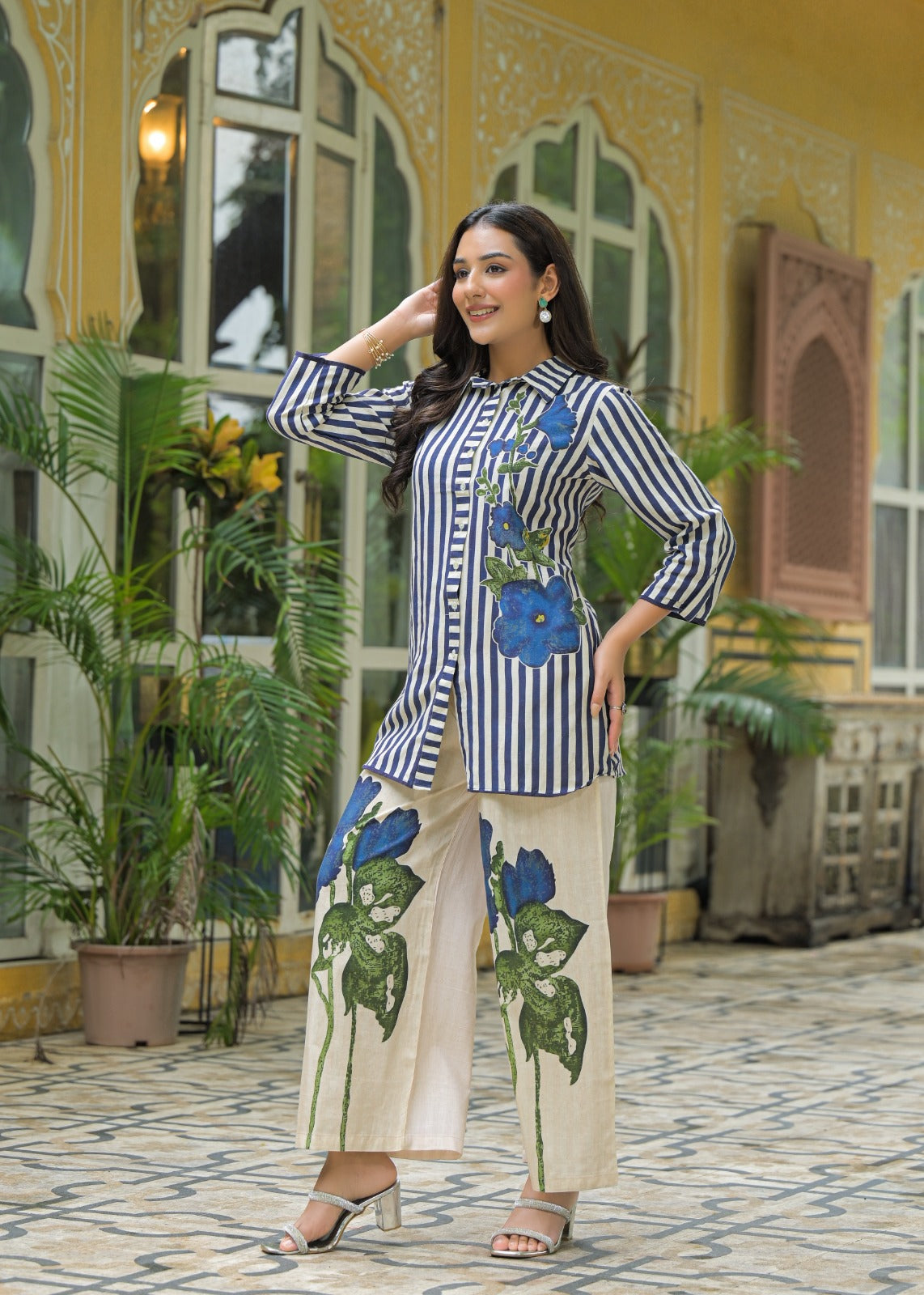 Premium Vertical Stripe Cotton Co-Ord Set with Bold Blue Floral Accent and Smart Collar Neck 13701