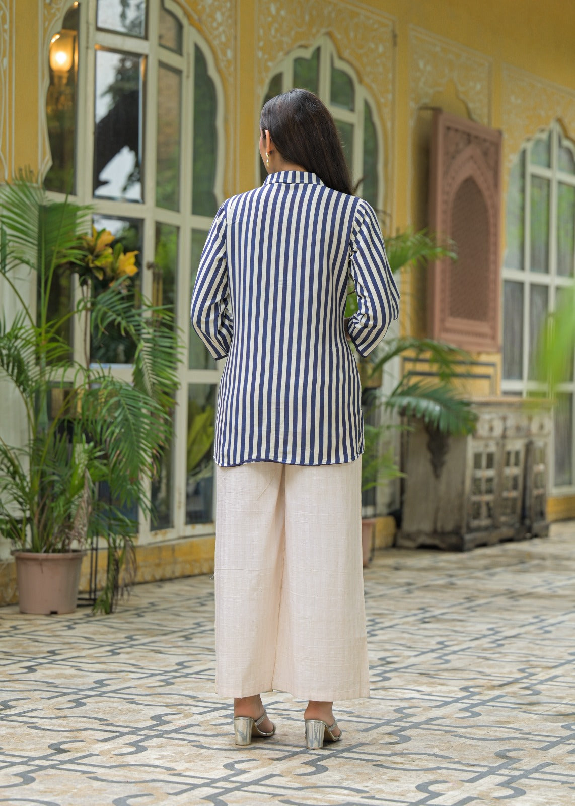 Premium Vertical Stripe Cotton Co-Ord Set with Bold Blue Floral Accent and Smart Collar Neck 13701