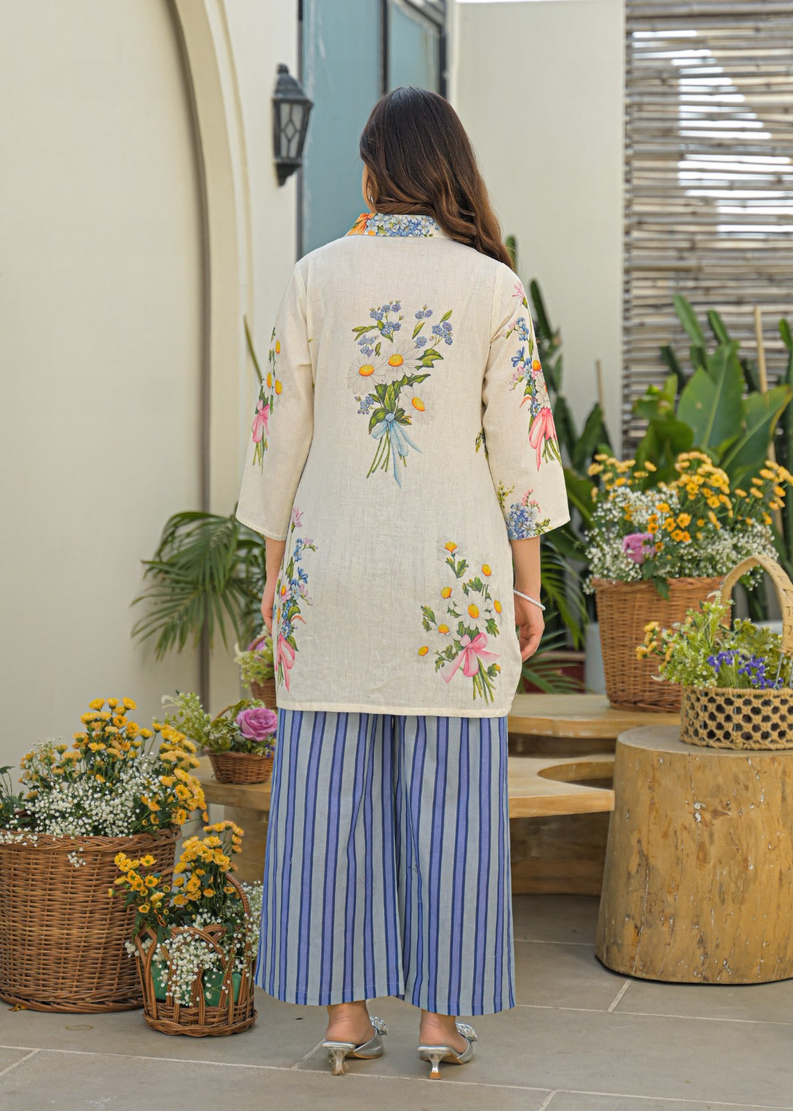 Premium Summer Cotton Co-Ord Set with Artistic Floral Bouquet Print and Chic Vertical Stripe Bottom 13702
