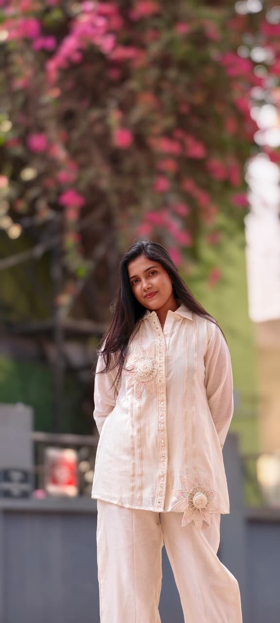 Premium Off-White Cotton Co-Ord Set with Handcrafted 3D Floral Embellishment 13721