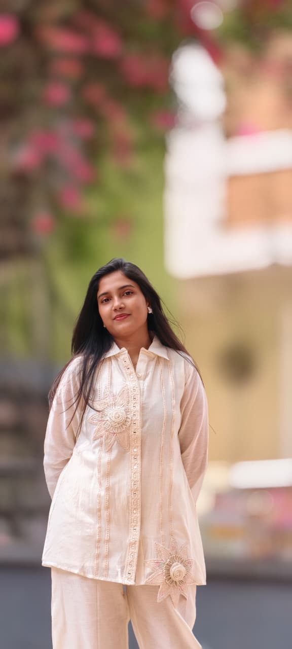 Premium Off-White Cotton Co-Ord Set with Handcrafted 3D Floral Embellishment 13721