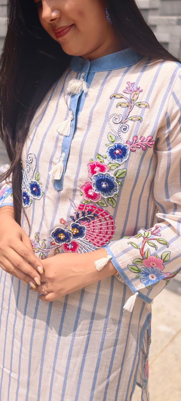 Elegant Blue Striped Pure Cotton Co-Ord Set with lining Floral Embroidery & Tassel Detailing 13727