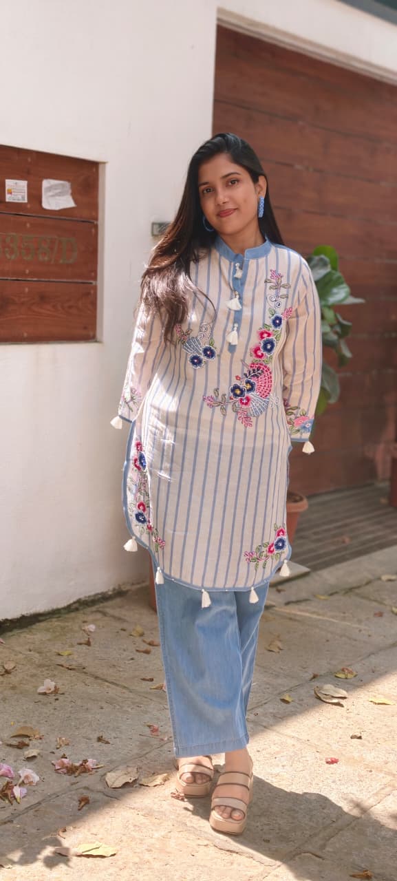 Elegant Blue Striped Pure Cotton Co-Ord Set with lining Floral Embroidery & Tassel Detailing 13727