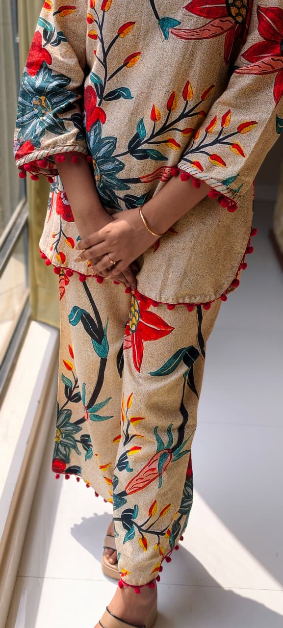 Elegant Beige Floral Printed Pure Cotton Co-Ord Set with Artistic Botanical Design & Pom-Pom Detailing 13700