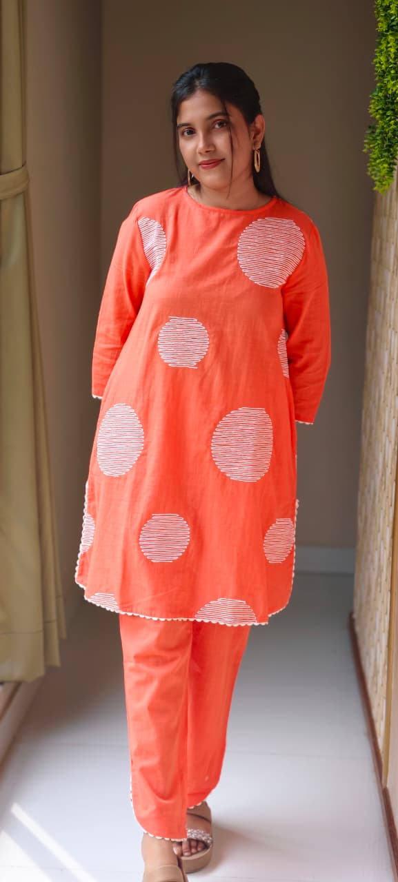 Vibrant Orange Pure Cotton Co-Ord Set with Minimal White Abstract Circle Print 13690