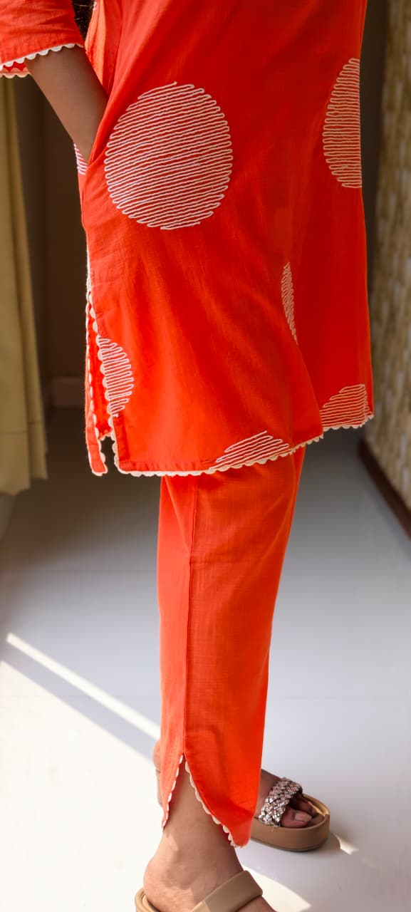 Vibrant Orange Pure Cotton Co-Ord Set with Minimal White Abstract Circle Print 13690