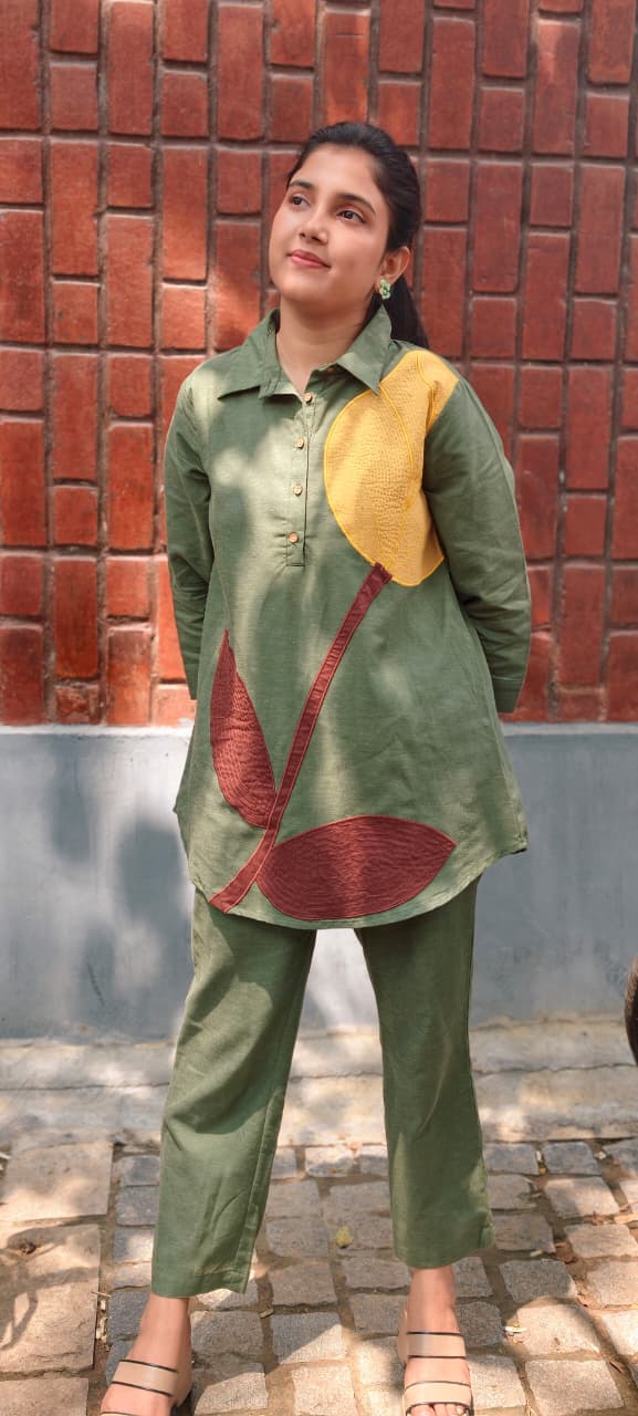 Elegant Olive Green Pure Cotton Co-Ord Set with Abstract Leaf Patchwork Design 13691