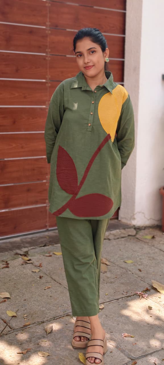 Elegant Olive Green Pure Cotton Co-Ord Set with Abstract Leaf Patchwork Design 13691