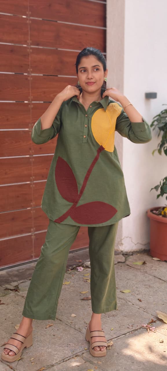 Elegant Olive Green Pure Cotton Co-Ord Set with Abstract Leaf Patchwork Design 13691