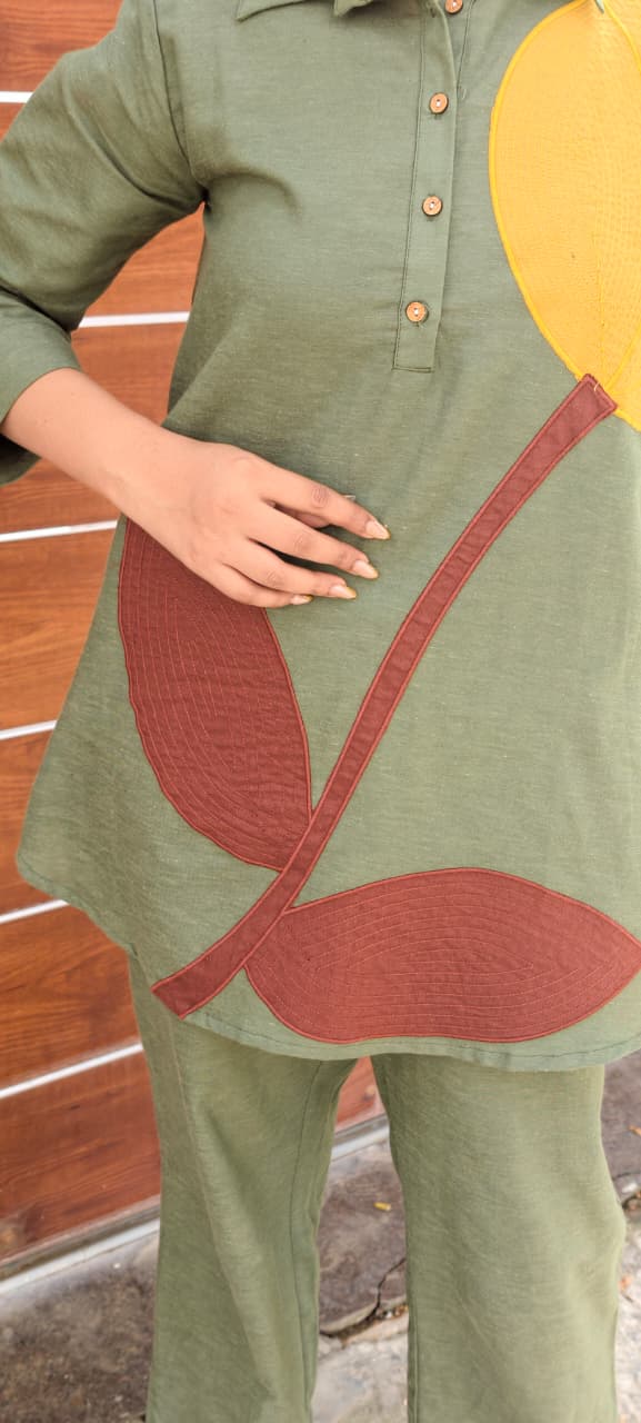Elegant Olive Green Pure Cotton Co-Ord Set with Abstract Leaf Patchwork Design 13691
