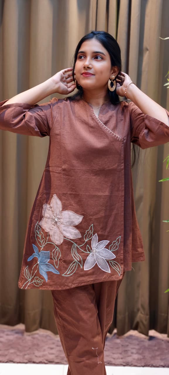Earthy Brown Cotton Co-Ord Set with Floral Appliqué Embroidery & Straight Pants