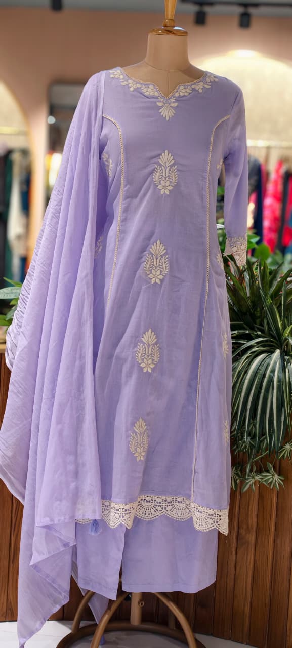 Chikankari Thread Embroidered Pastel Tone Soft A-Line Full Suit Set With Dupatta- 13703