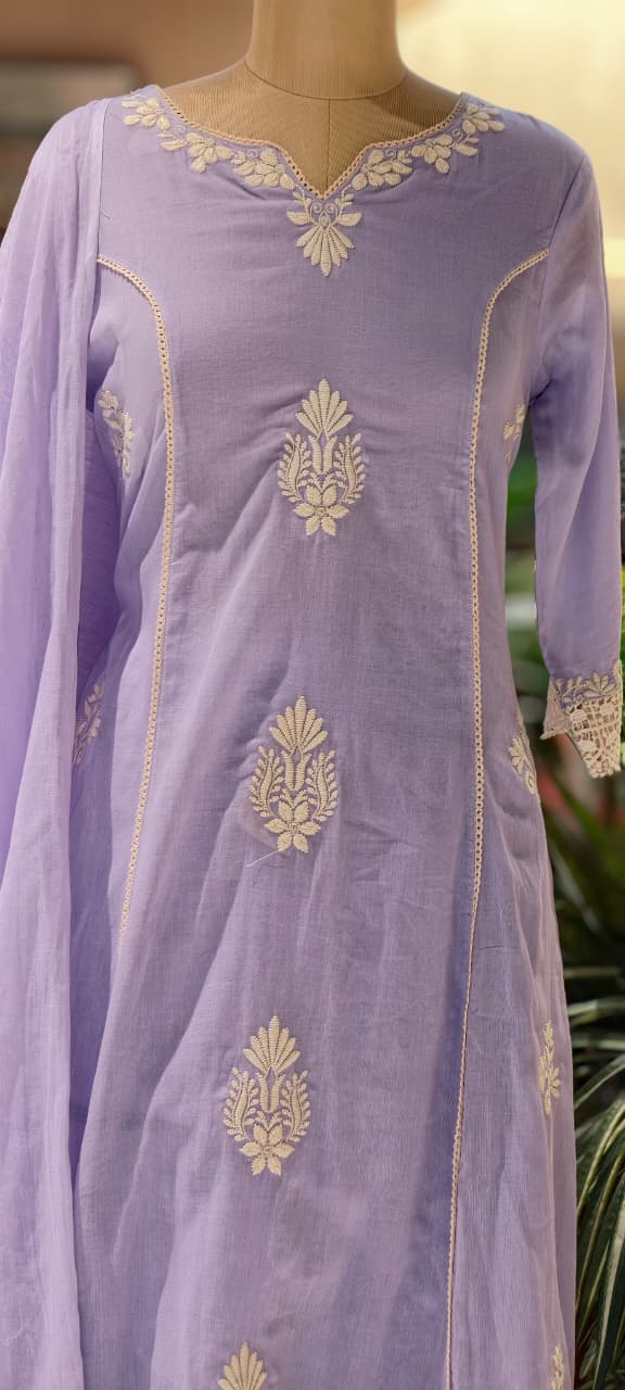 Chikankari Thread Embroidered Pastel Tone Soft A-Line Full Suit Set With Dupatta- 13703