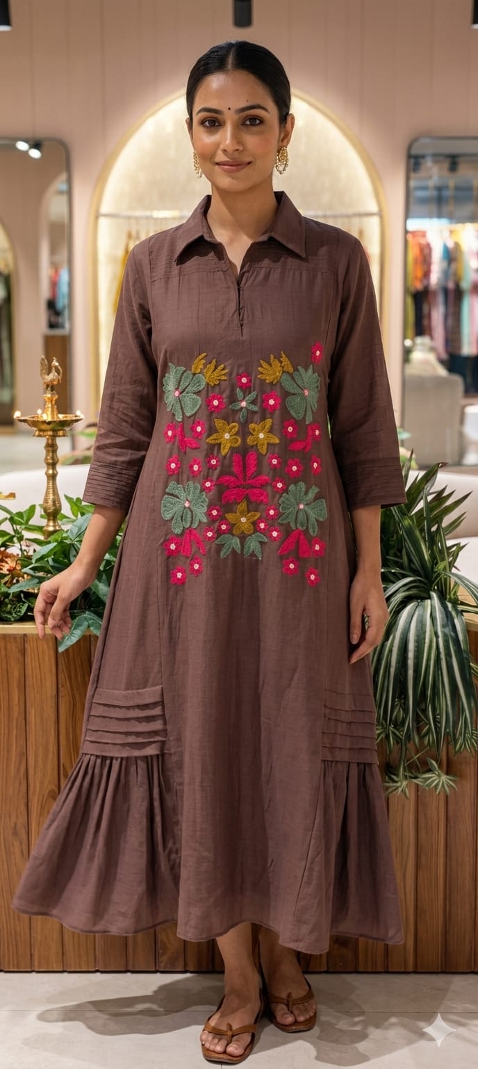 Summer Friendly Intricate Floral Embroidered Trendy Ankle Length Frock In Mul Chanderi Fabric-13747