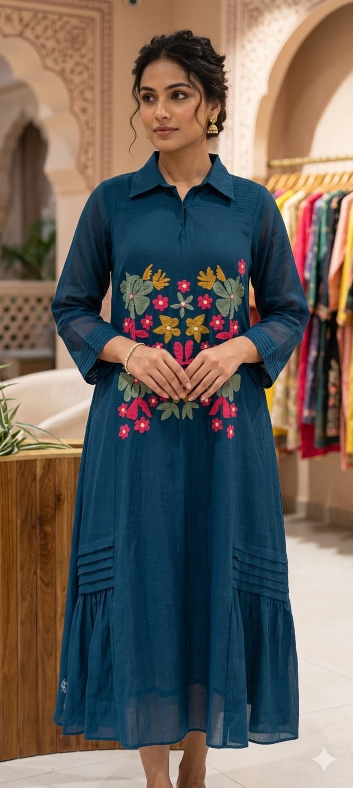 Summer Friendly Intricate Floral Embroidered Trendy Ankle Length Frock In Mul Chanderi Fabric-13747