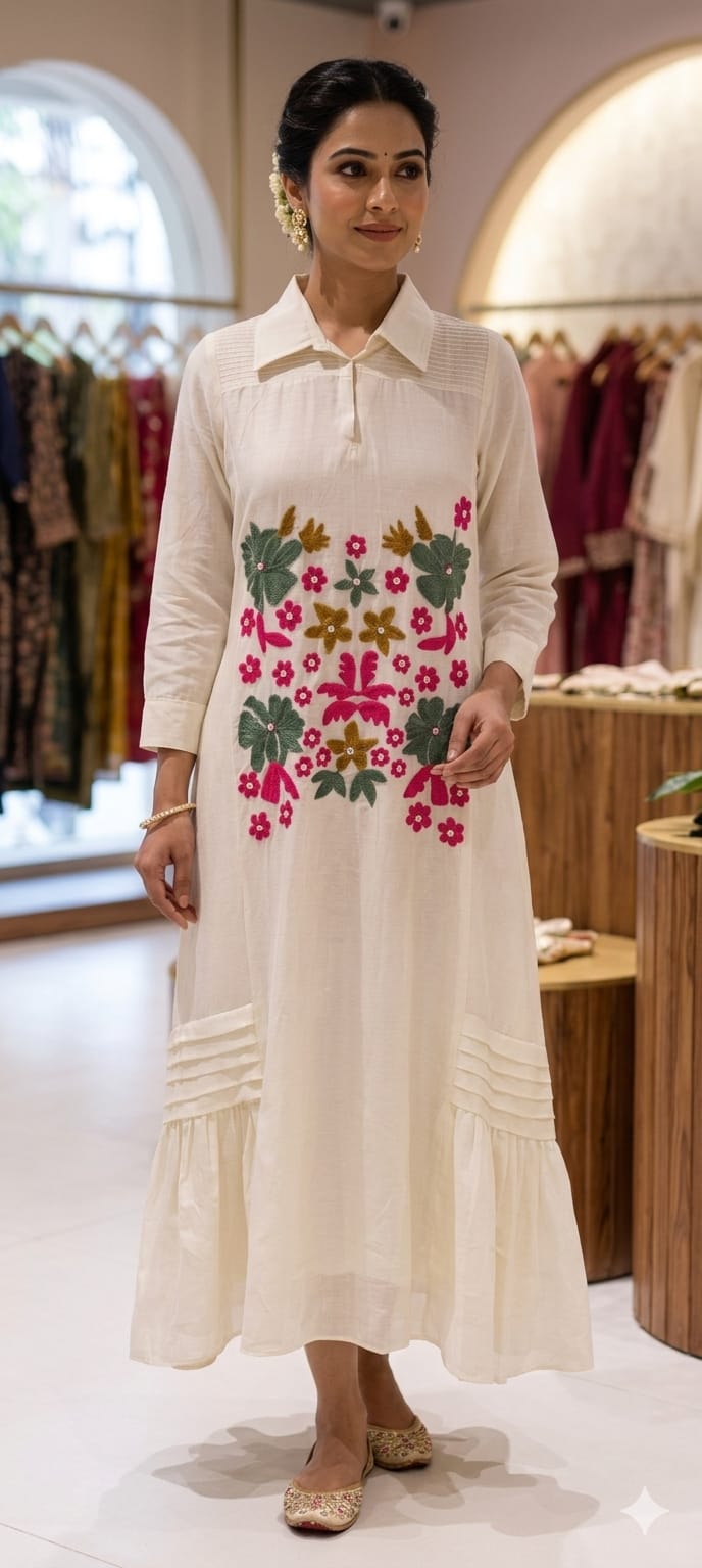 Summer Friendly Intricate Floral Embroidered Trendy Ankle Length Frock In Mul Chanderi Fabric-13747